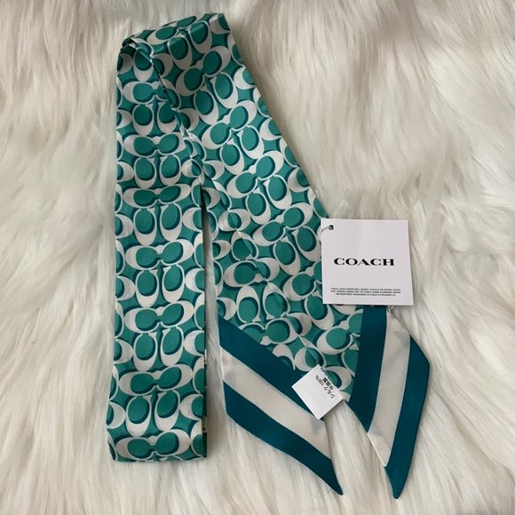COACH Signature Print Silk Skinny Scarf Set in Electric Blue/Blue Green - Picture 4 of 5